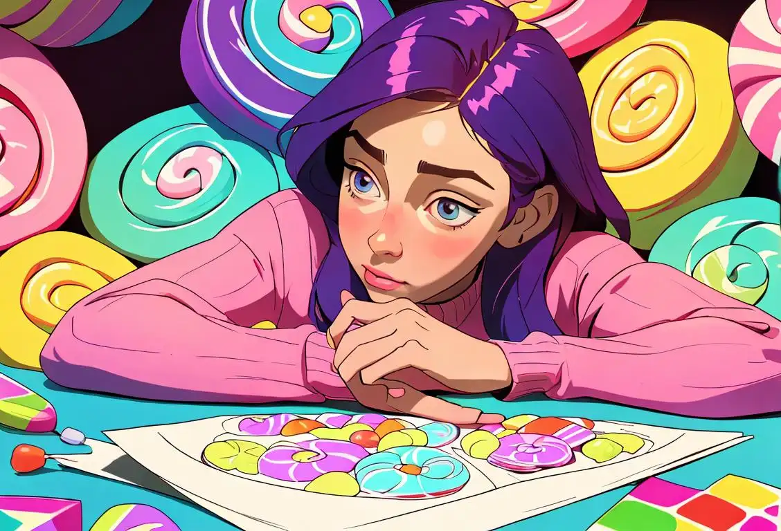 Young woman, surrounded by colorful candy wrappers, wearing a cozy sweater, relaxing in a candy-filled room with a stress relief coloring book..