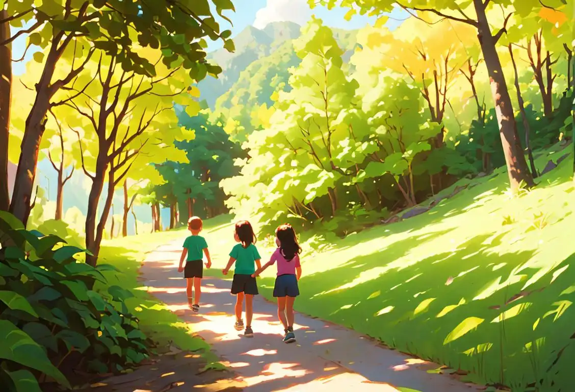 A family hiking through a picturesque forest, wearing colorful outdoor clothing, surrounded by lush greenery and sunshine..