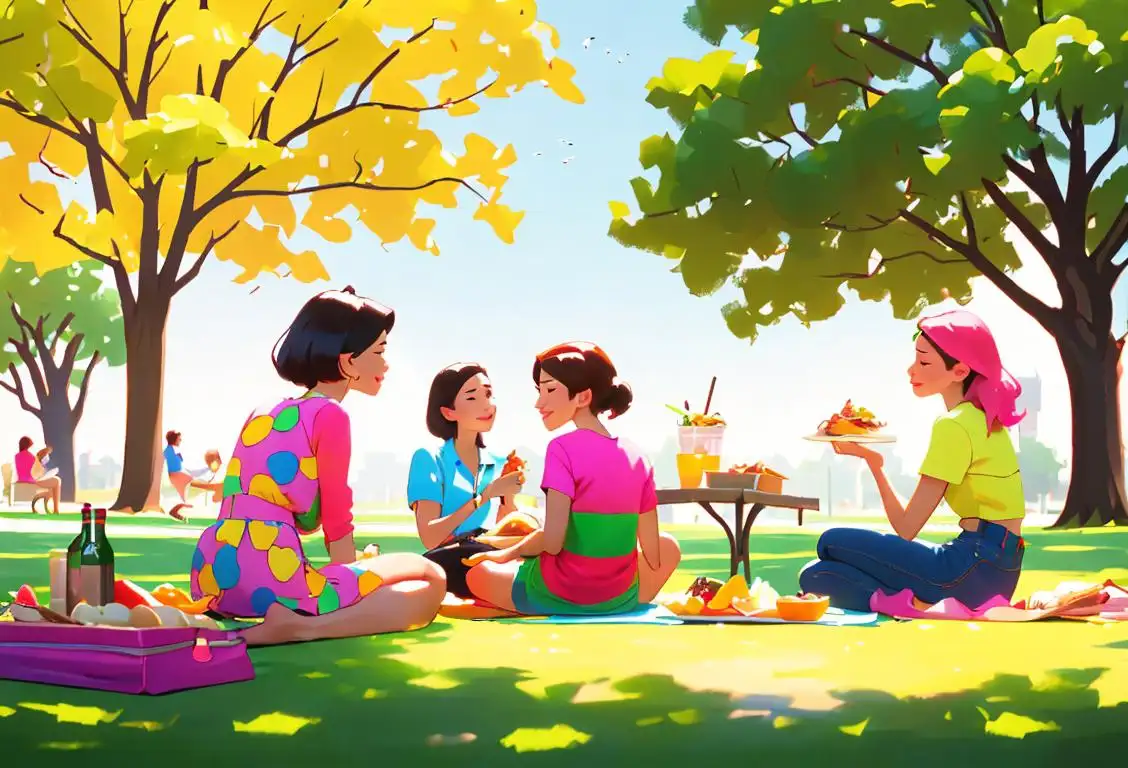 Group of people sitting together at a park picnic, wearing colorful summer outfits, diverse fashion styles, surrounded by delicious food..