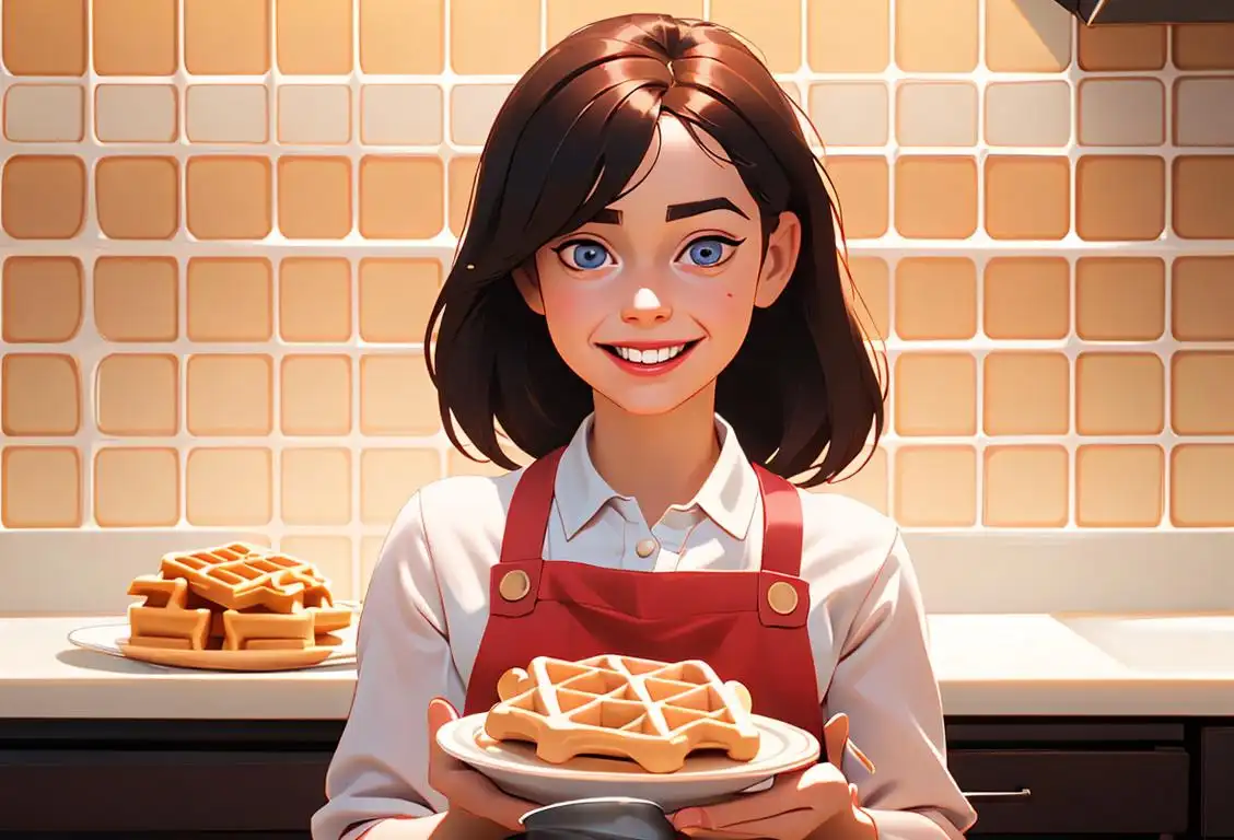A cheerful young girl holding a plate with a stack of delicious waffles, wearing a cute apron with a kitchen background..