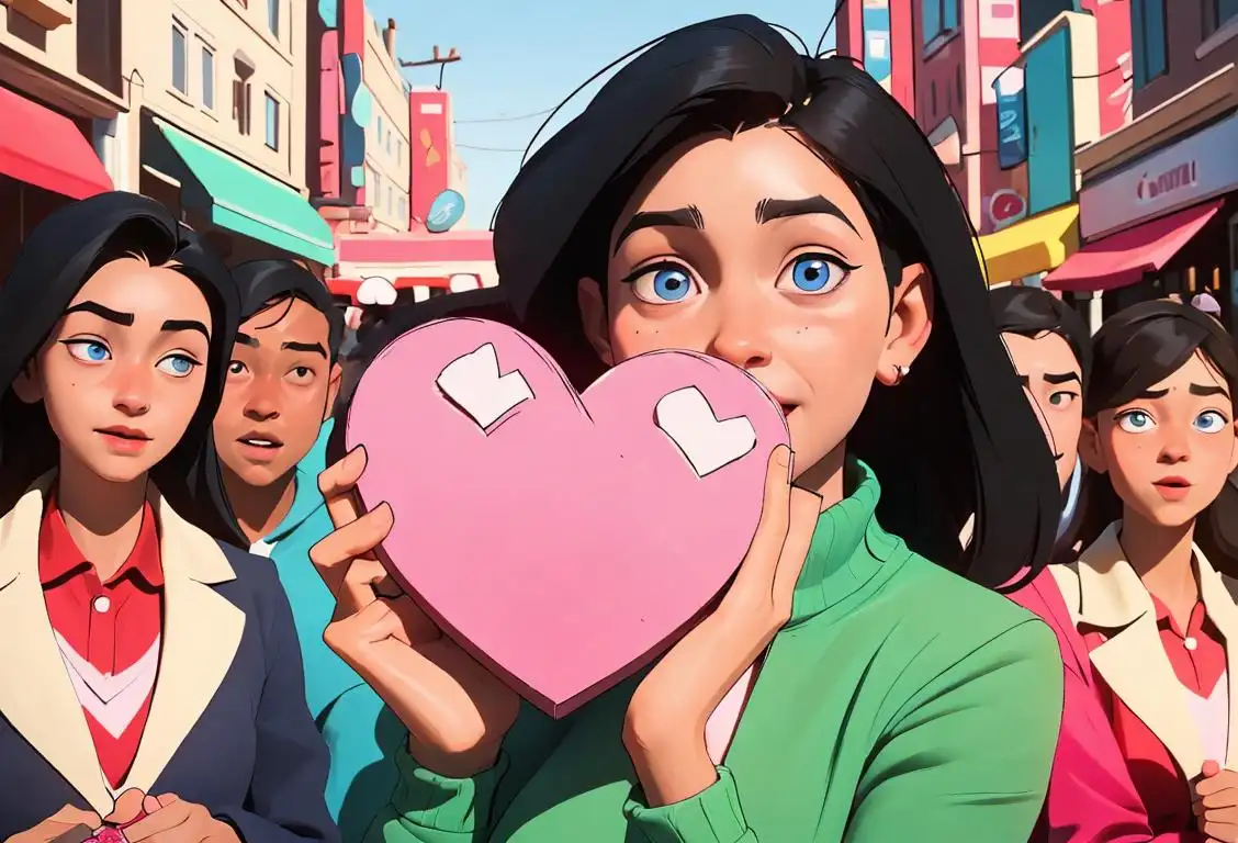 Young person wearing a kind-hearted expression, holding out a heart-shaped gift, surrounded by a diverse group of people in different outfits, happy city scene..