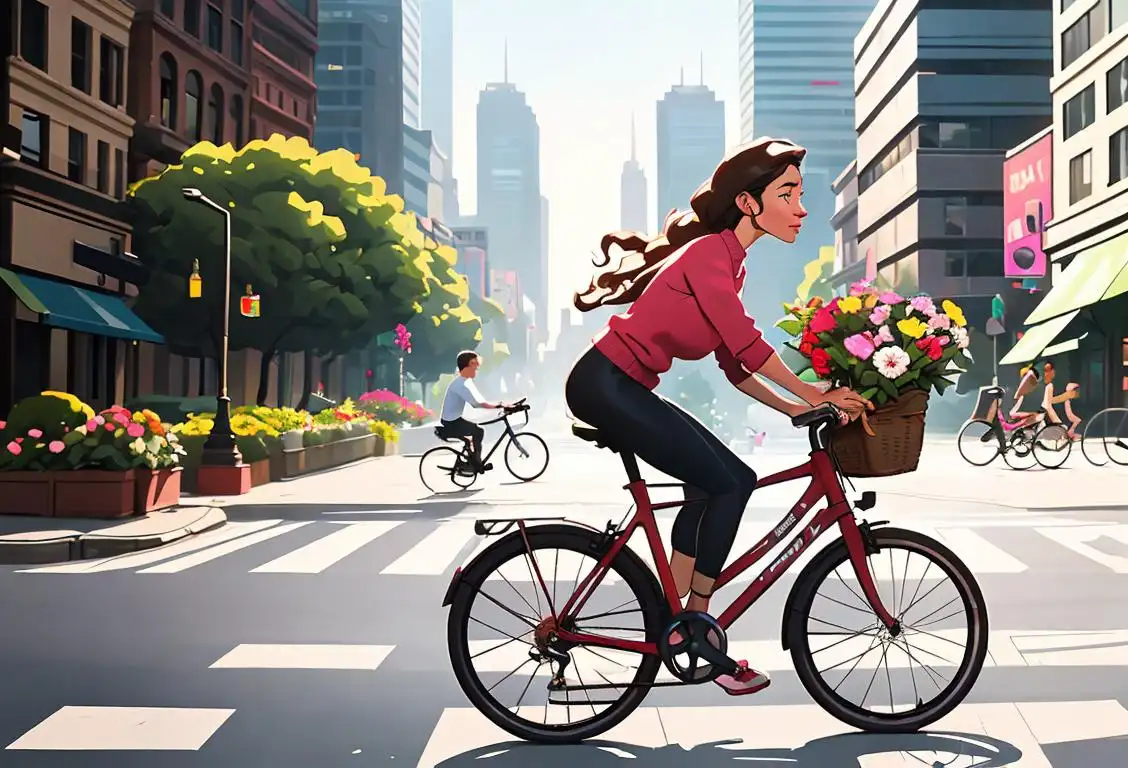 A person in casual attire, cycling on a city street surrounded by skyscrapers, with a bike basket full of flowers, promoting National Cycle to Work Day..