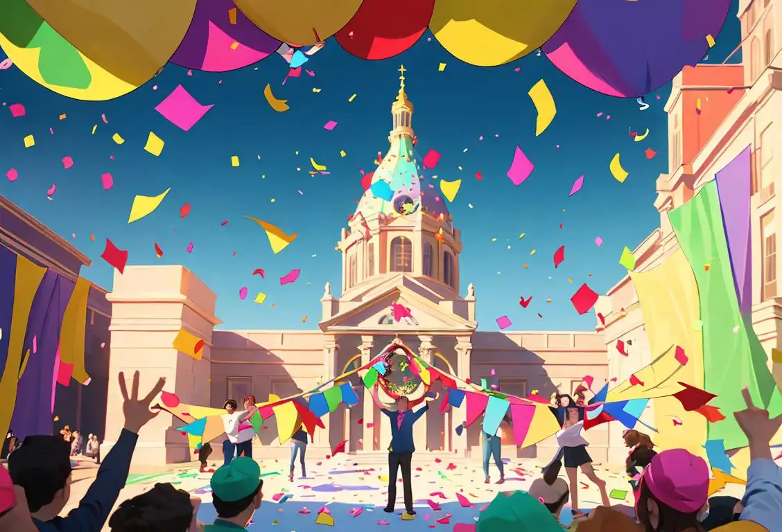 A group of friends standing in front of a banner that says 'Surprise!' with colorful confetti falling from the sky, wearing party hats and holding wrapped gifts..