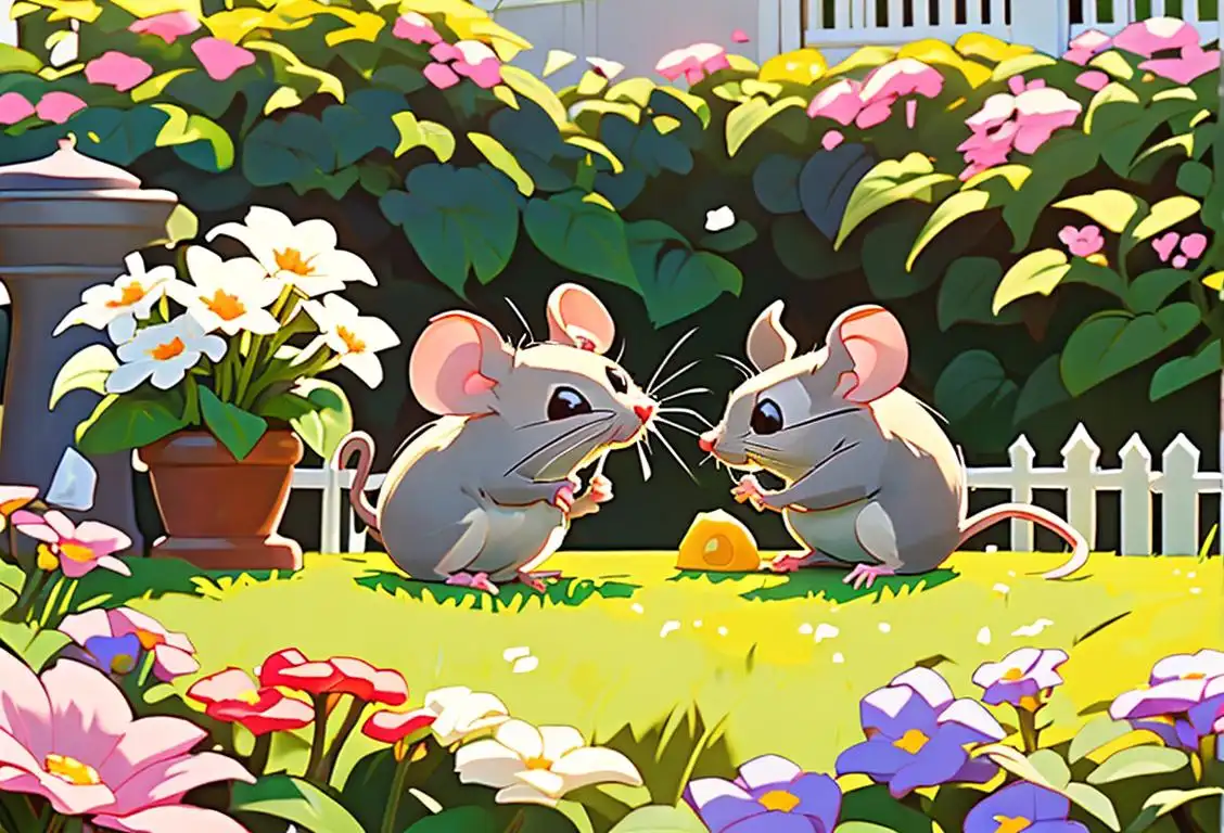 Adorable grey mouse nibbling on a piece of cheese in a cozy garden setting with blooming flowers and a white picket fence..
