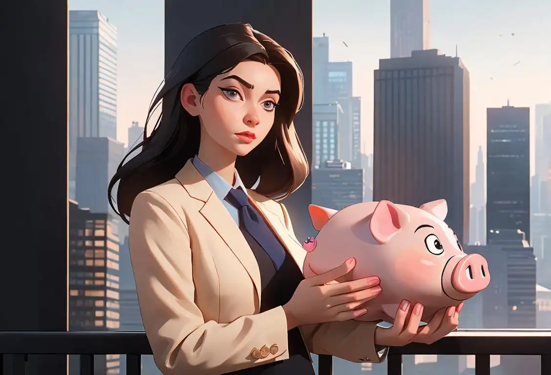 Young woman wearing professional attire, holding a piggy bank, surrounded by skyscrapers in a busy financial district..