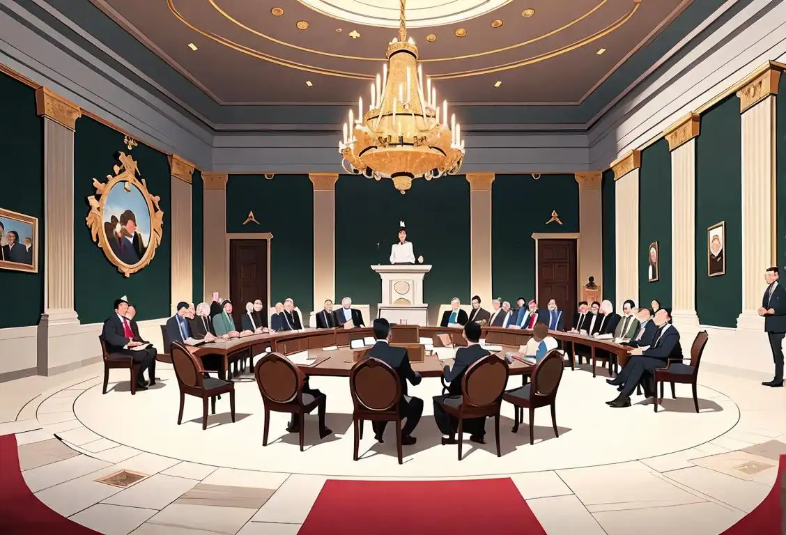 A diverse group of lawmakers wearing formal attire, gathered in a beautiful government building, discussing important issues and making decisions for the betterment of society..