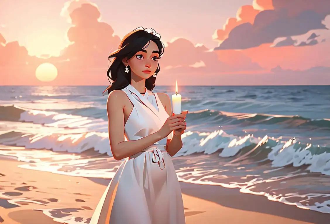 Young woman holding a candle, wearing a white dress, peaceful sunset beach setting..