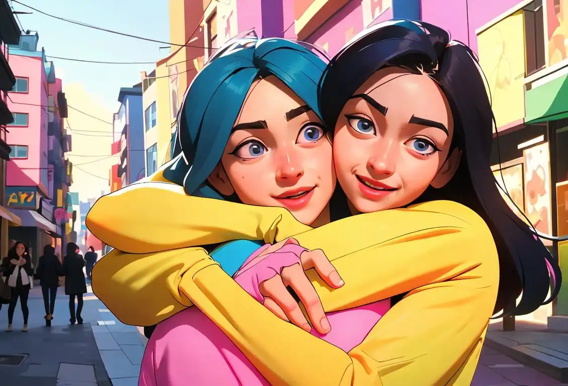 Two individuals, from diverse backgrounds, embracing each other tightly with happiness and love, wearing colorful clothes, against a backdrop of a bustling city street..