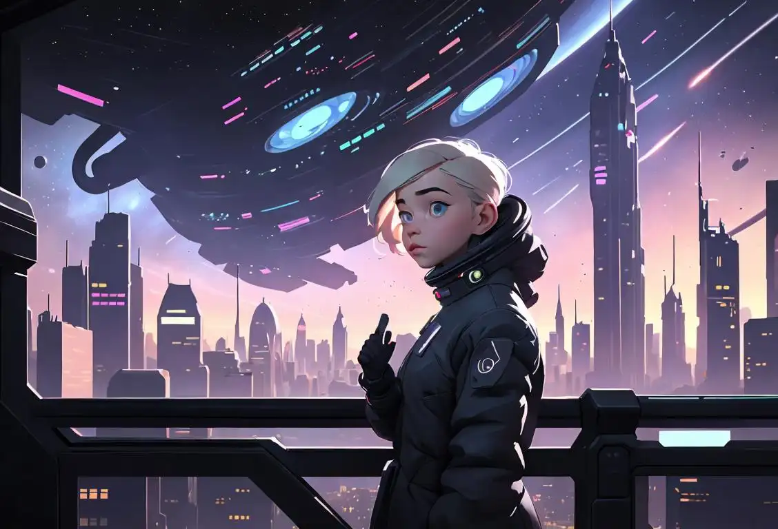 Young person gazing at a futuristic cityscape, wearing futuristic clothing, space-inspired fashion, metropolitan city setting..