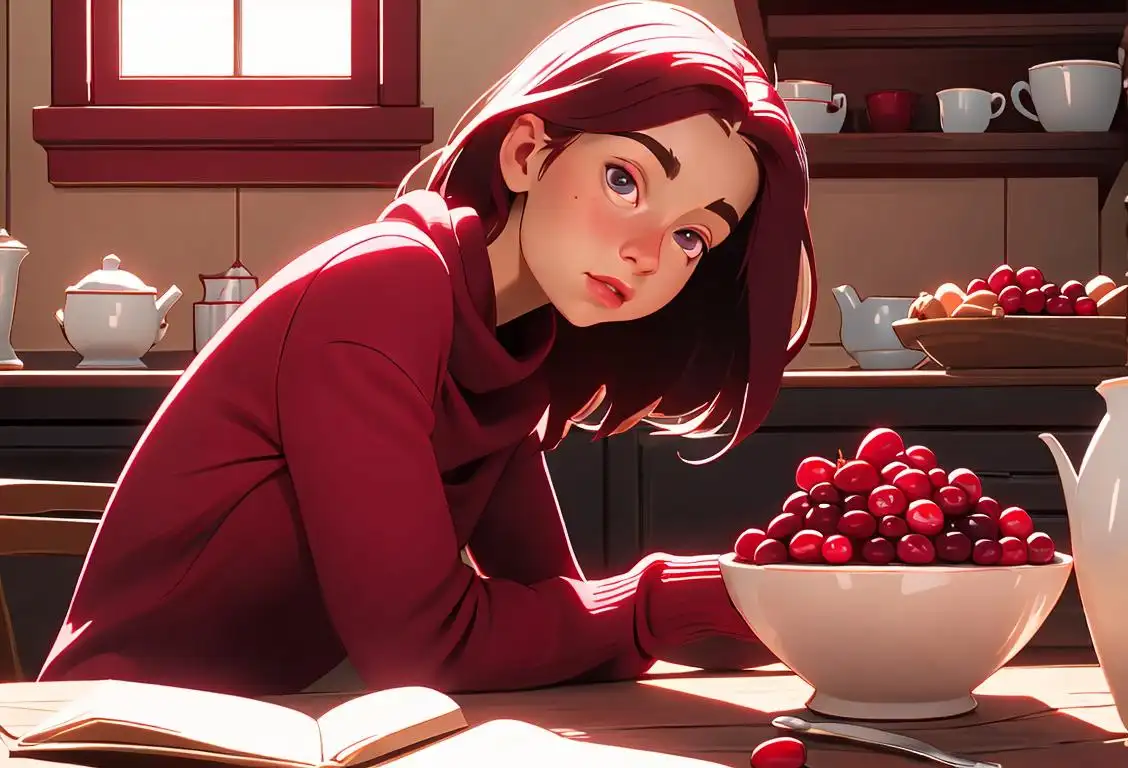 Young woman in a cozy sweater, surrounded by an abundance of cranberries, holding a cranberry-infused dessert, rustic kitchen setting..