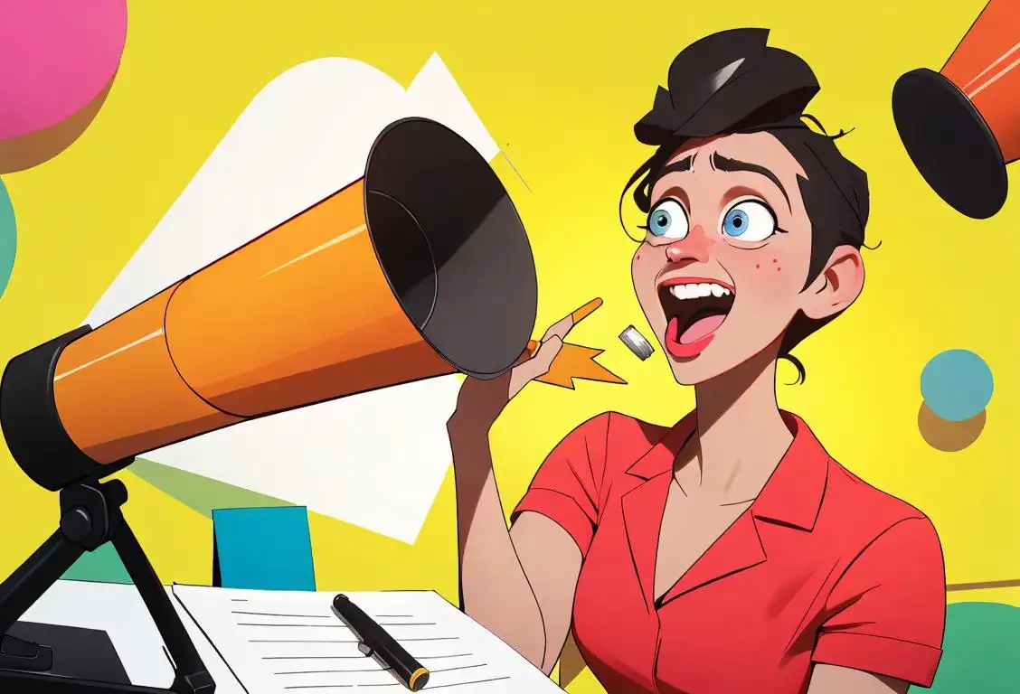A cheerful coworker holding a megaphone in a bright office environment, surrounded by supportive colleagues with encouraging smiles..
