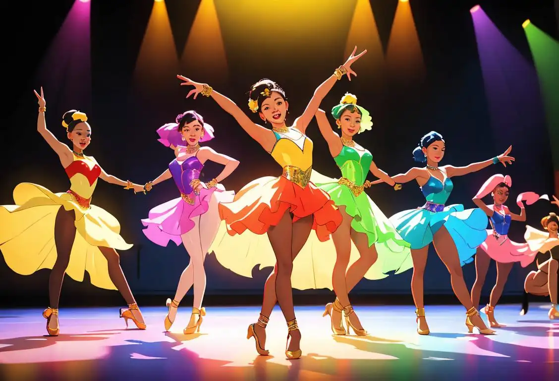 Group of diverse individuals tap dancing in a vibrant dance studio, wearing colorful dance costumes and surrounded by instruments..