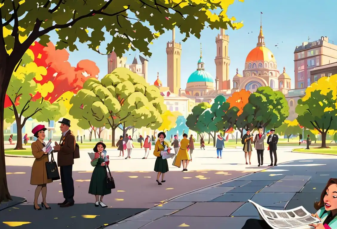 A diverse group of people joyfully holding newspapers in a park, with vibrant fashion styles from different eras and cultural backgrounds, surrounded by colorful cityscape..