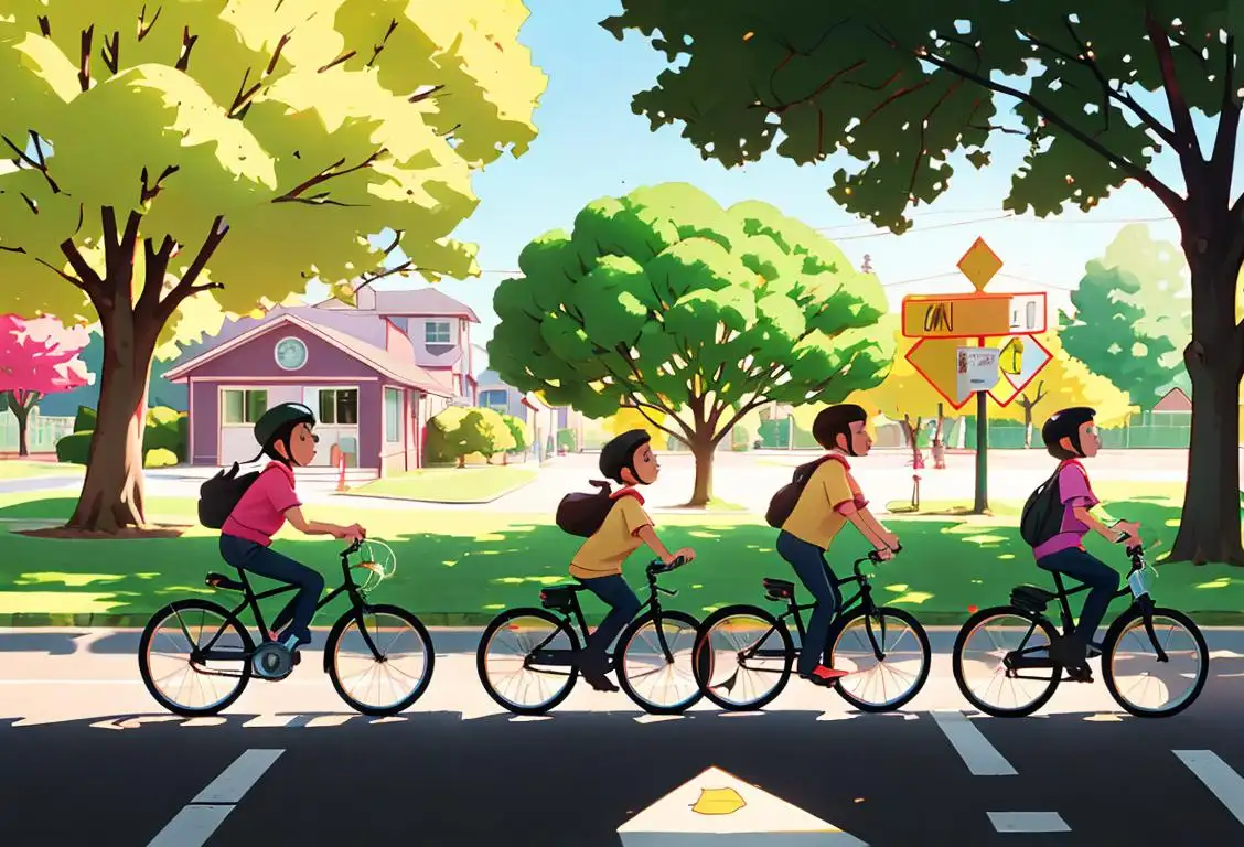 Children in colorful school uniforms riding their bicycles along a tree-lined suburban street, a friendly crossing guard waving them on..