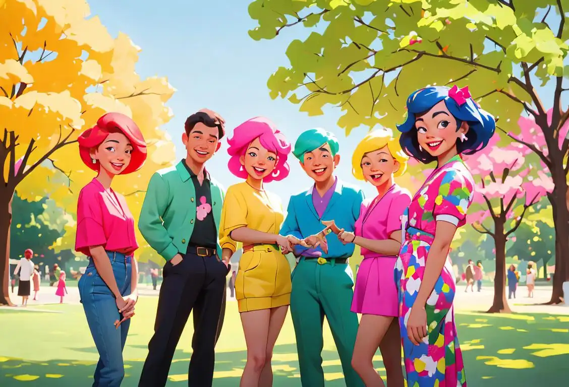 A joyful group of people smiling, dressed in colorful and trendy attire, in a lively park setting..