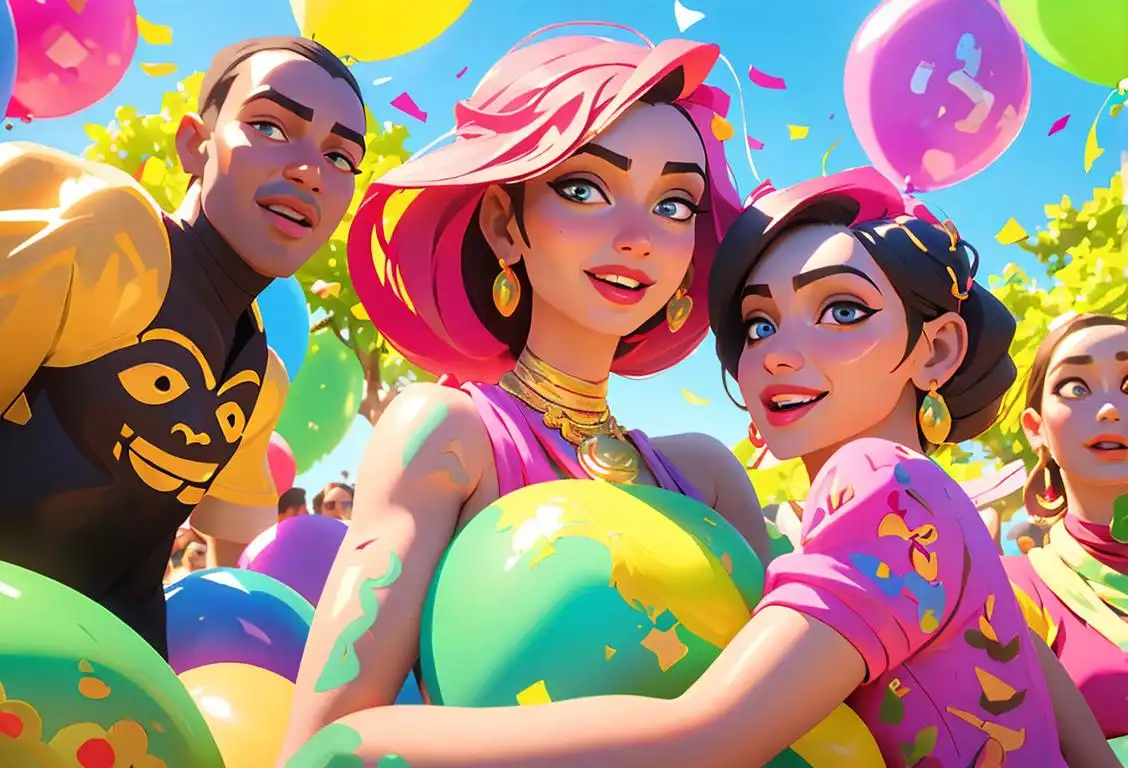 Cheerful group of people wearing colorful nalia-themed outfits, surrounded by confetti, balloons, and a sunny park setting..