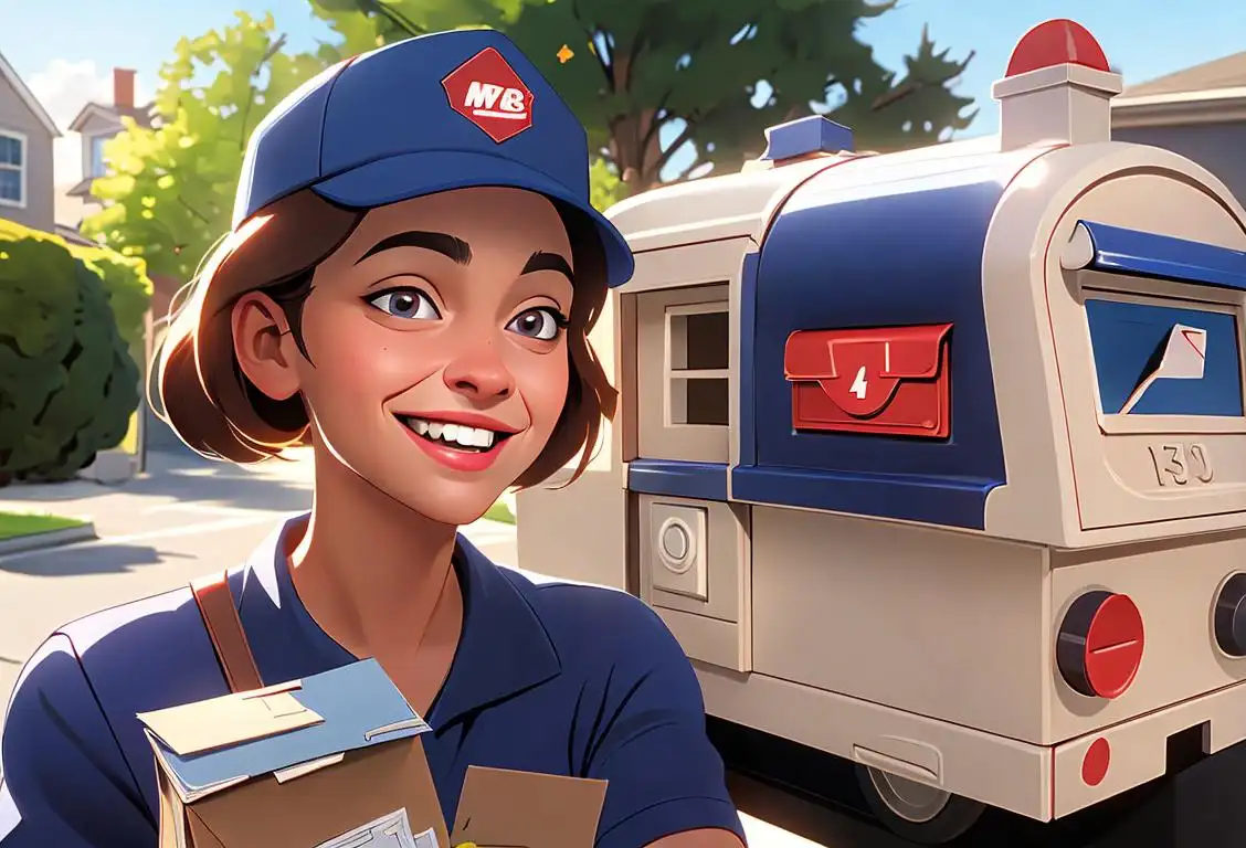 Friendly mail carrier with a big smile, wearing a postal worker uniform, delivering mail in a suburban neighborhood..