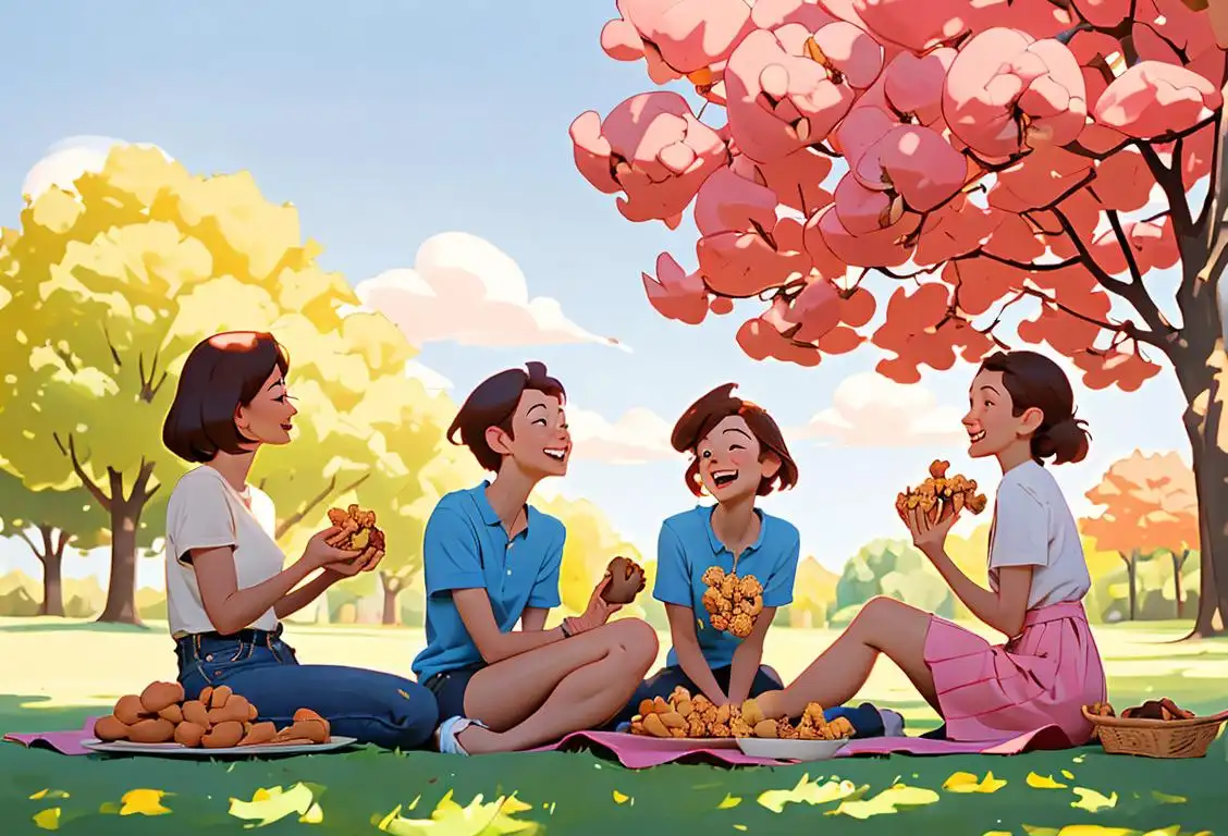 A group of friends enjoying peanut clusters at a picnic under a sunny sky, wearing casual summer outfits, surrounded by trees and laughter..