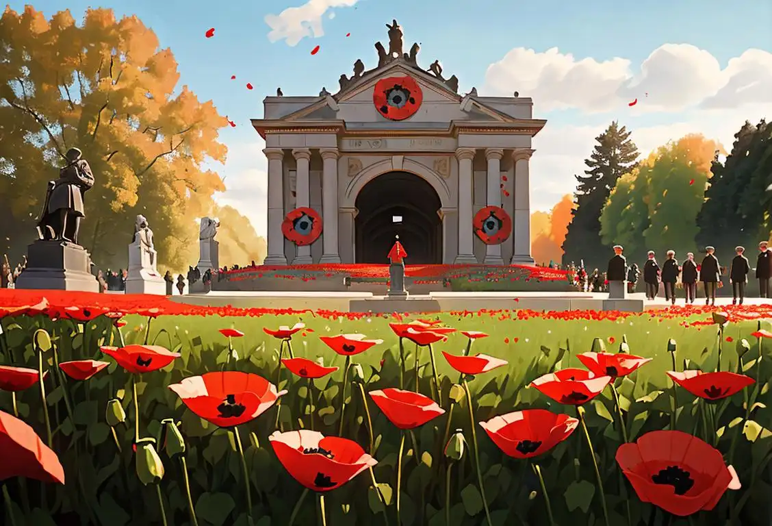 A solemn crowd gathered at a war memorial, wearing poppies, in front of a historic monument, vintage setting..