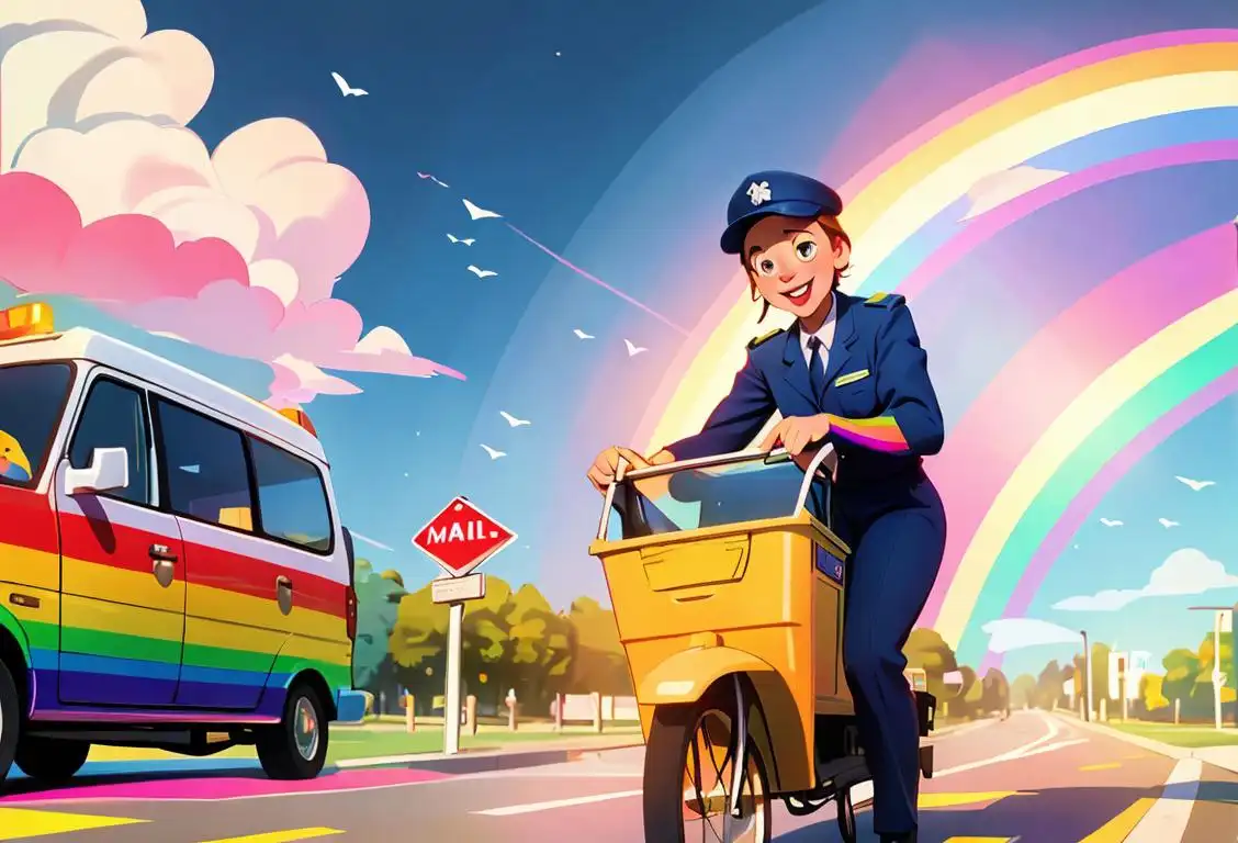 A joyful mail carrier, wearing a uniform and a big smile, delivering mail under a colorful rainbow..