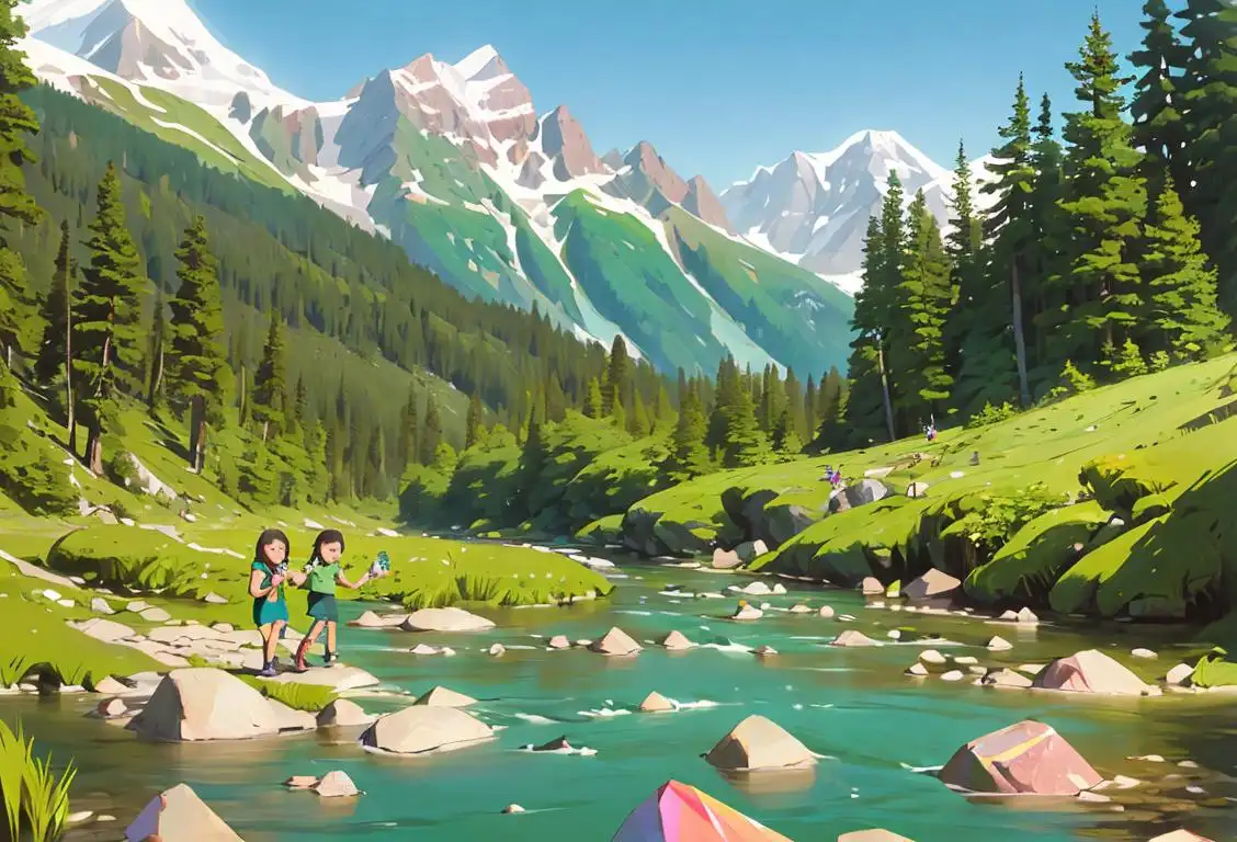 Young family exploring a lush green national park, wearing hiking gear, surrounded by mountains and a crystal-clear river..