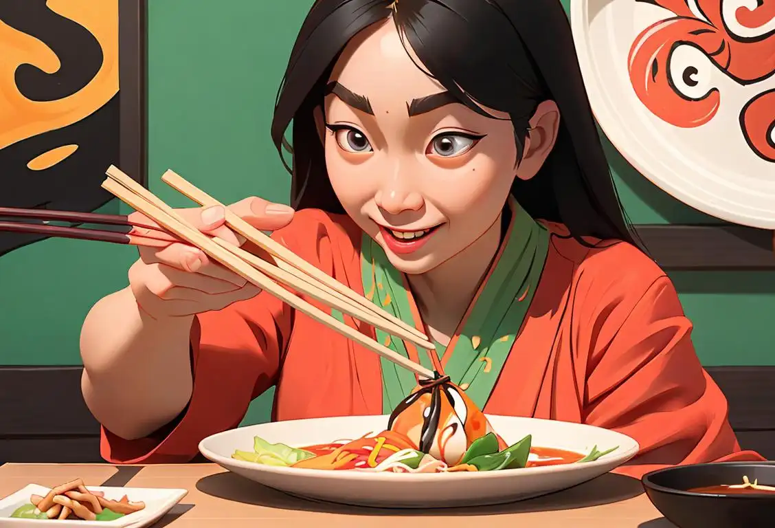Happy person using chopsticks to eat a plate full of Asian cuisine, dressed in colorful traditional attire, surrounded by vibrant cultural decorations..