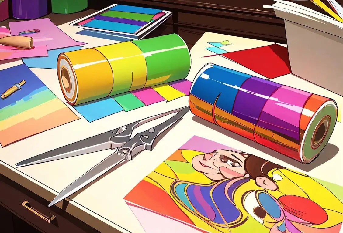 Colorful roll of cellophane tape with scissors on a clean, organized desk, surrounded by arts and crafts supplies..