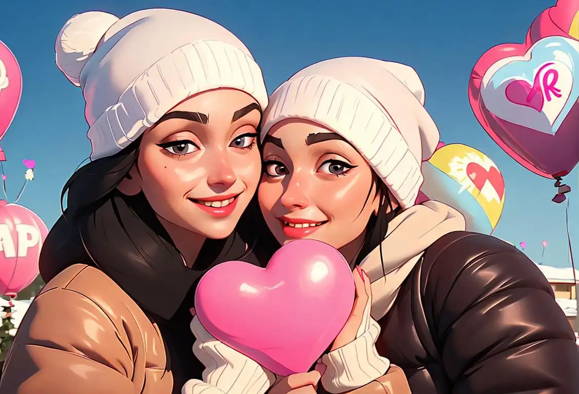 Two individuals smiling, one wearing a cozy knit beanie, winter fashion, outdoors, surrounded by heart-shaped balloons and flowers..