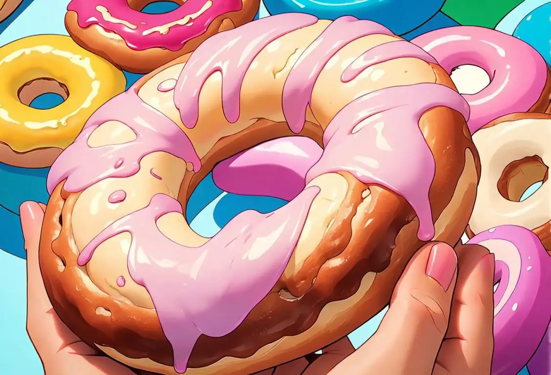 Close-up of a hand holding a perfectly glazed doughnut, set against a background of colorful bakery display..