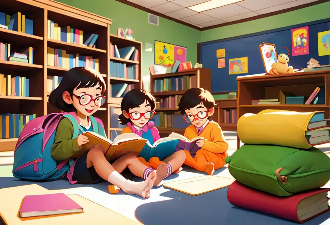 Happy children sitting in a cozy school library, reading books and wearing colorful backpacks and glasses..