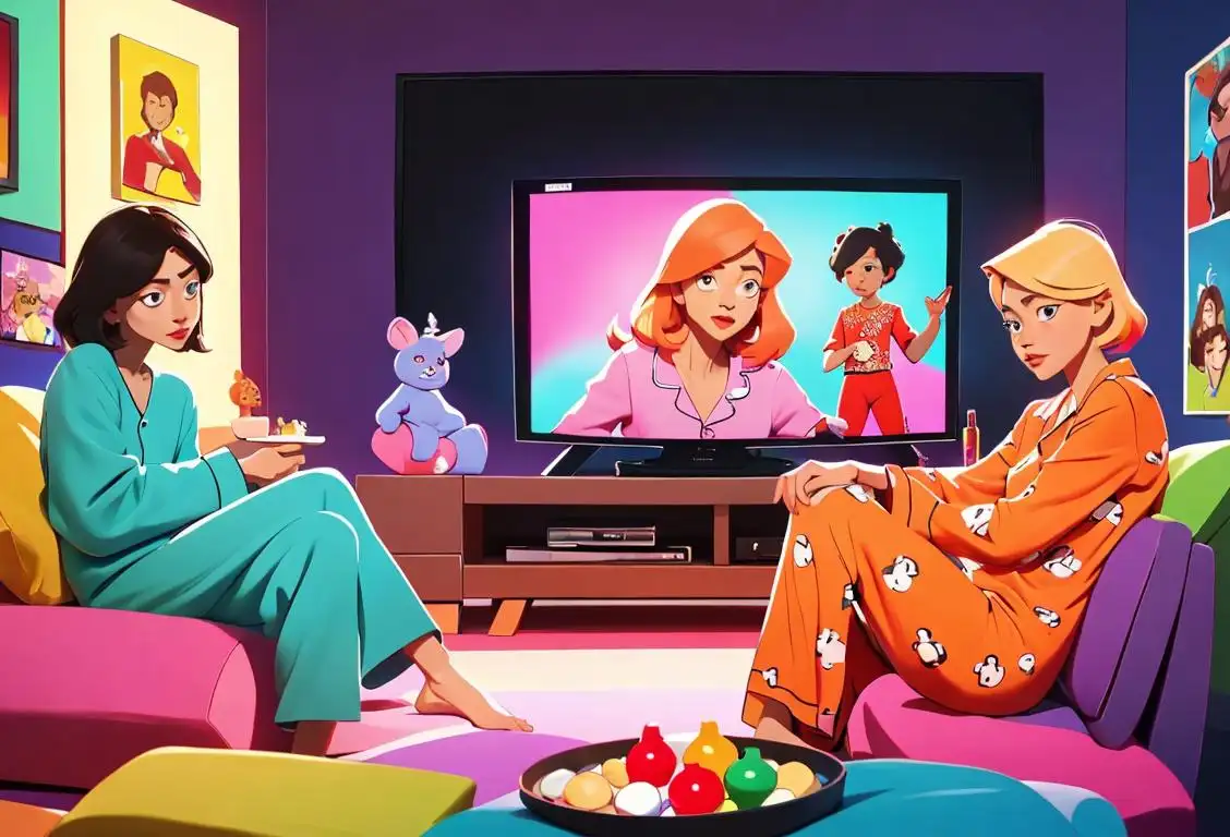 A diverse group of people sitting around a television, captivated by the colorful and vibrant world of entertainment. Some in cozy pajamas, others in stylish outfits, enjoying a variety of shows and genres..