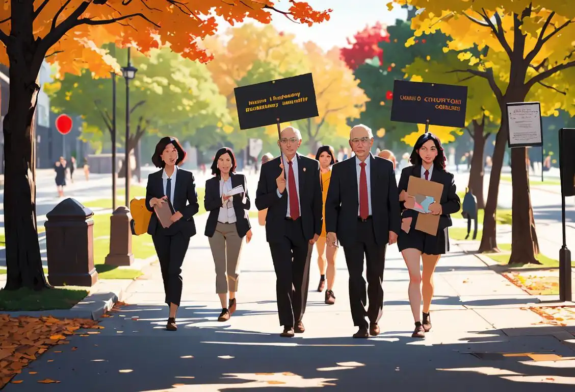 A diverse group of adjunct professors walking together with signs, wearing professional attire, on a bustling college campus..