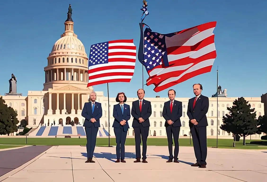 A group of joyful Democrats, dressed in smart casual attire, standing in front of the Capitol building, with American flags waving in the background..