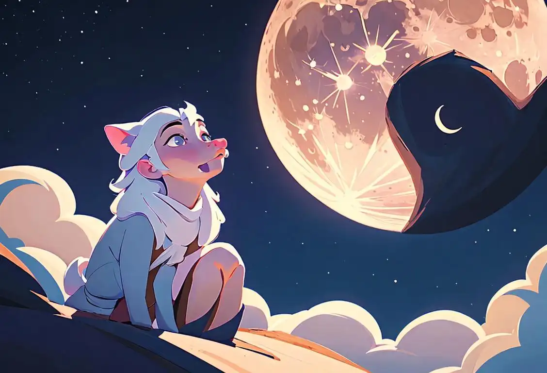 A person gazing at the night sky with wonder, surrounded by a whimsical internet-inspired theme..