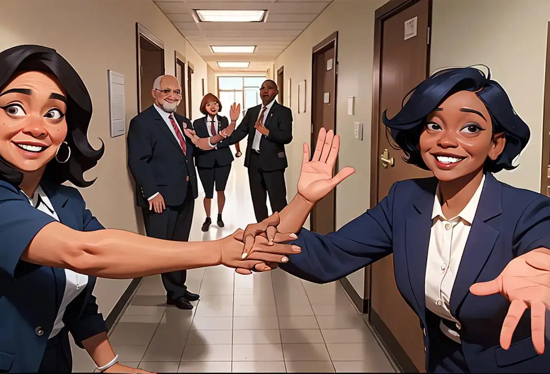 A group of diverse paraprofessionals smiling and high-fiving, dressed in professional attire, with a school hallway as the background..