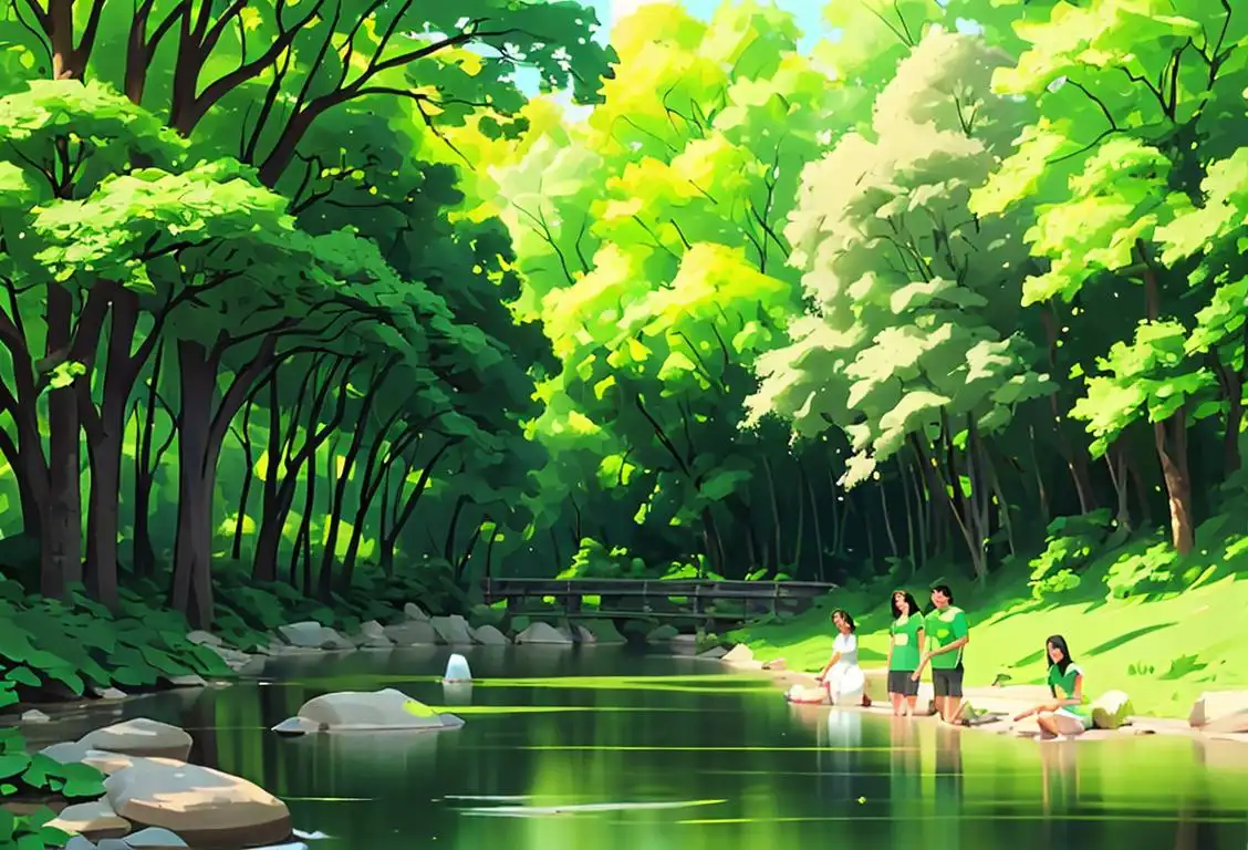 A group of diverse people wearing green shirts with the EPA logo, standing in a beautiful park filled with lush green trees and clean flowing rivers..