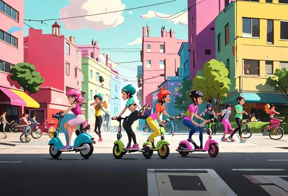 A diverse group of people ditching their pumps, wearing colorful activewear, exploring various alternative modes of transportation such as bikes, scooters, and rollerblades, against a vibrant urban backdrop..