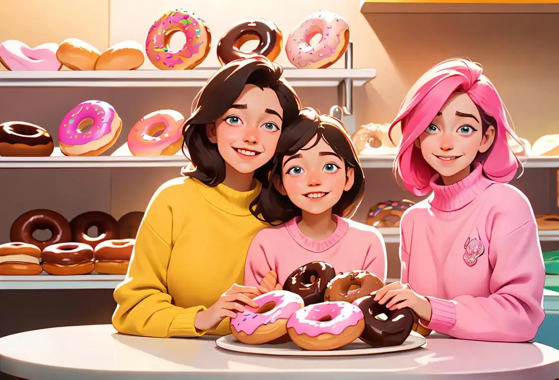 Smiling family enjoying free doughnuts in a colorful bakery, wearing cozy sweaters, surrounded by tempting displays of sugary treats..