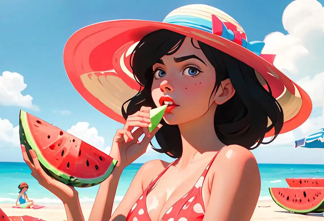 Young woman enjoying a juicy watermelon slice at a vibrant summer picnic, wearing a floppy sunhat, retro polka dot swimsuit, beach setting..
