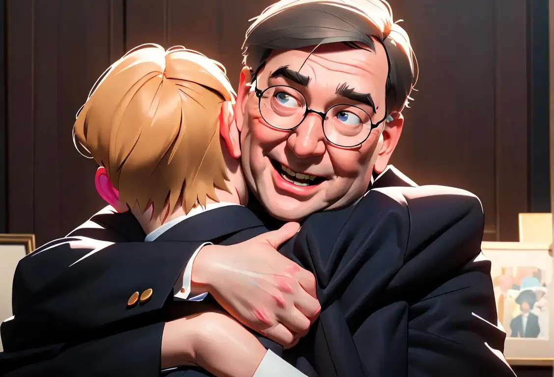 Warm and friendly image of people hugging Bill Barr, with cheerful expressions and bright surroundings, showcasing appreciation for the beloved Attorney General!.