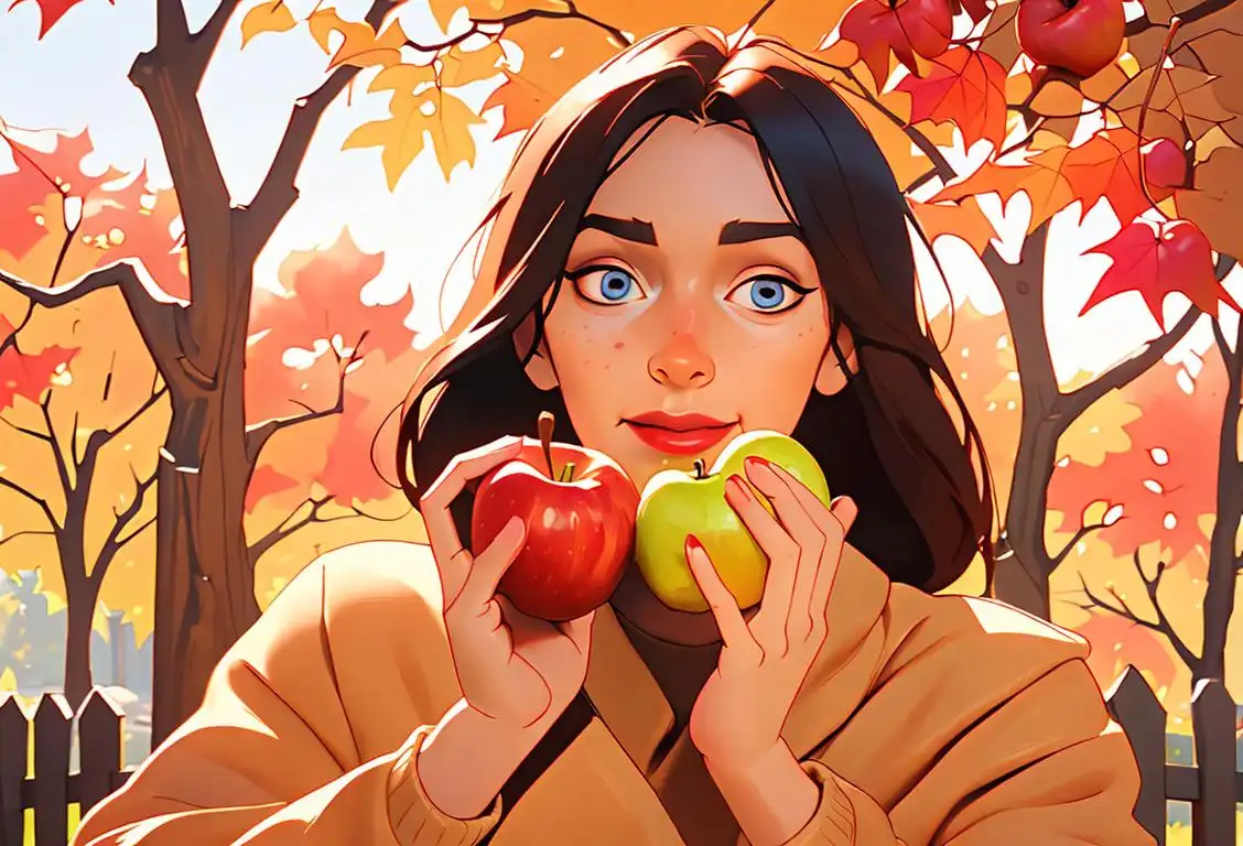 A person enjoying a warm apple turnover, wearing a cozy sweater, autumn leaves surrounding them..