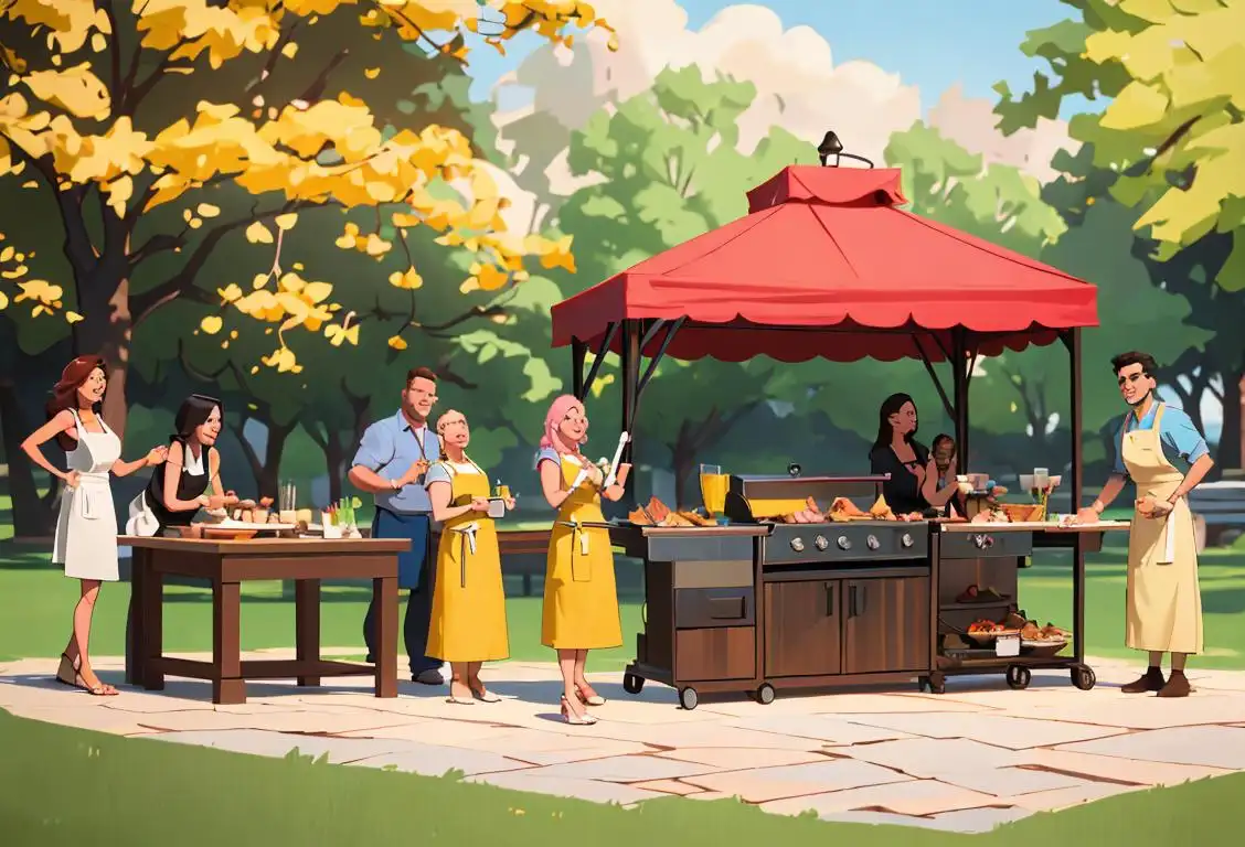 Group of friends gathered around a grill, wearing chef aprons, summer fashion, park scenery..