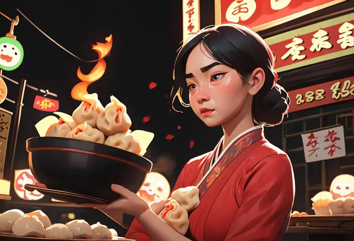 Young woman in traditional Taiwanese clothing, holding a plate of steaming dumplings, surrounded by a bustling night market scene..