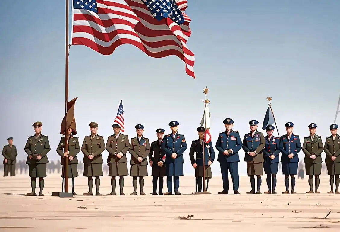 Group of veterans standing proudly in military uniforms, American flag in the background, diverse group of individuals representing different branches of the military..