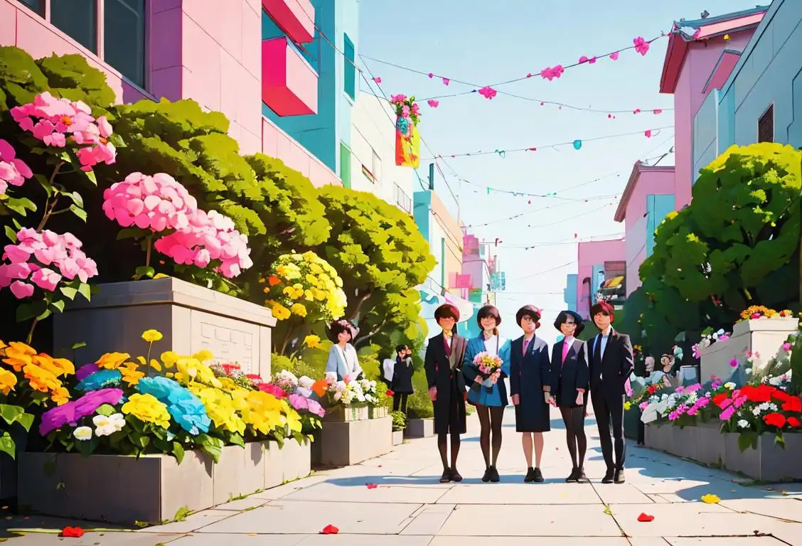A group of people gathering around a memorial, holding bright colorful flowers, and wearing modern South Korean street fashion..