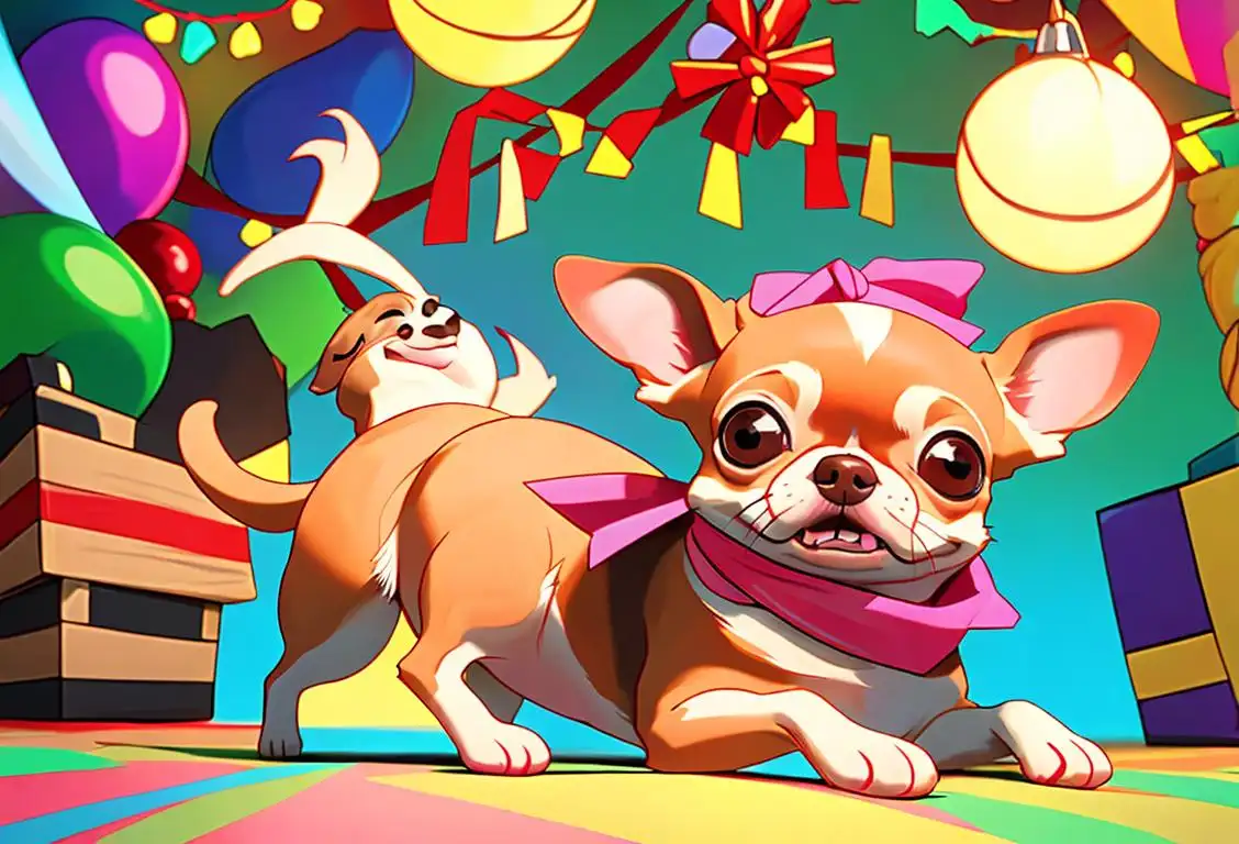 Cute chihuahua with enthusiastic expression, wearing a festive bandana, surrounded by colorful toys, celebrating National Chihuahua Appreciation Day!.