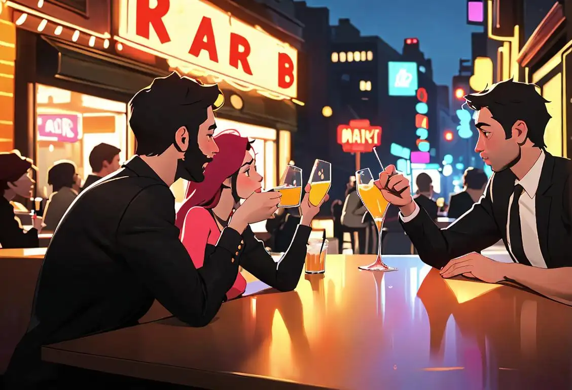 Group of friends at a bar, raising their glasses, dressed in trendy outfits, amidst a vibrant city nightlife scene..
