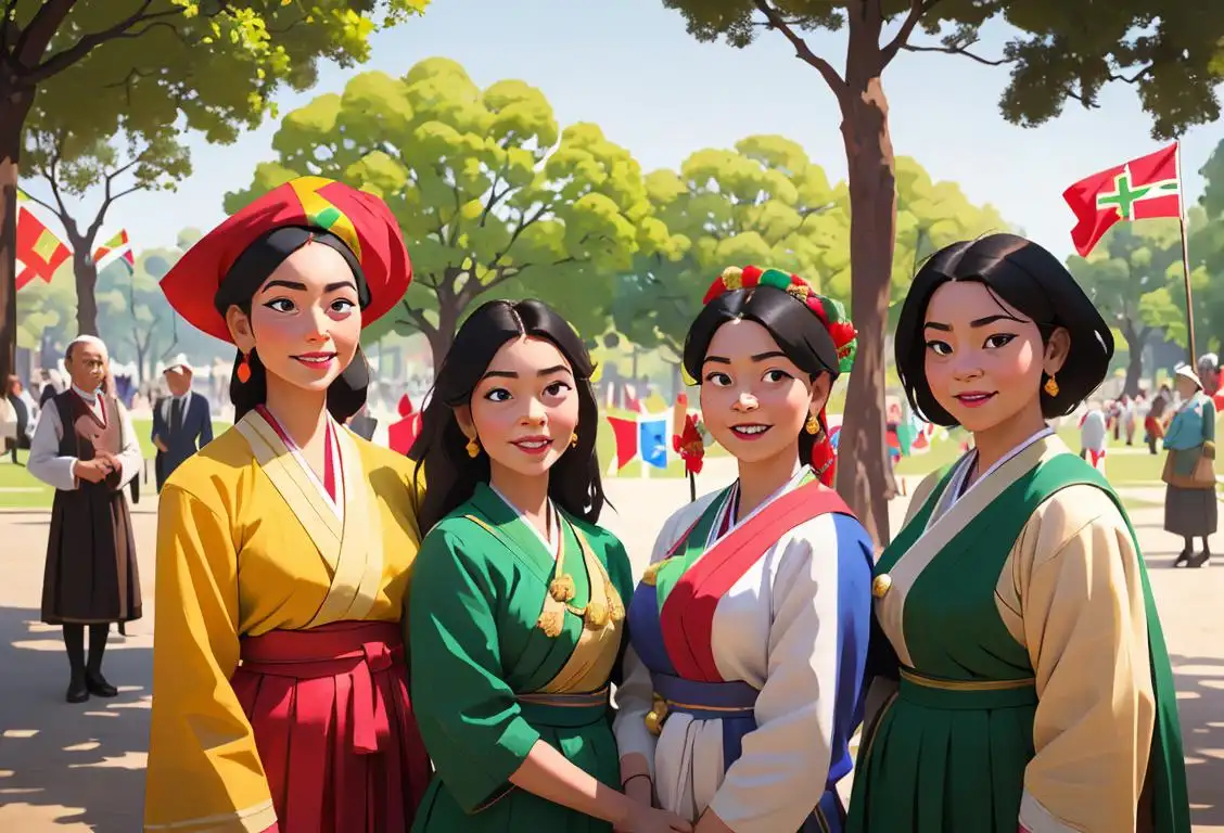 A diverse group of people gathered in a park, wearing traditional costumes from various cultures, celebrating heritage day with smiles and national flags in hand..