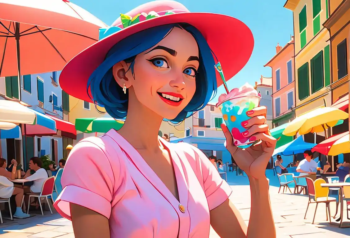 A joyful person, dressed in summer clothing, holding a colorful Italian ice treat, surrounded by an Italian-inspired piazza scene..