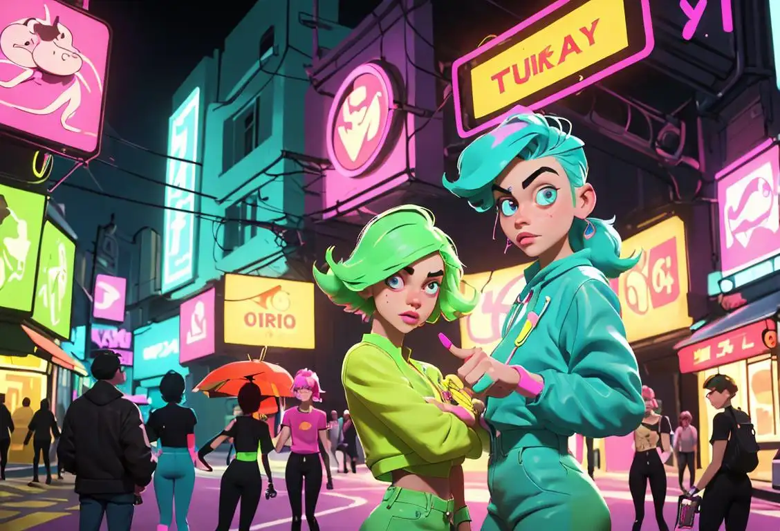 Young adults wearing bright, neon outfits, with quirky hairstyles, posing with colorful signs and gadgets, in a bustling city street..